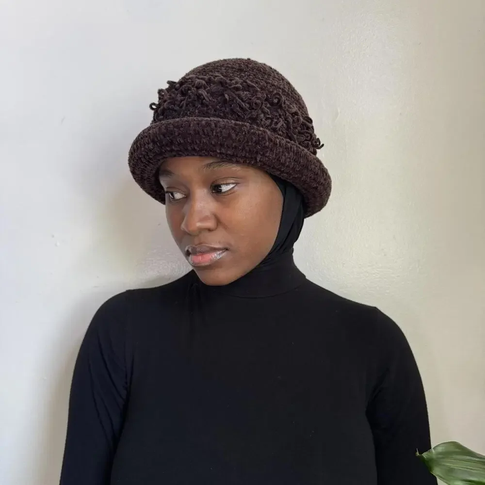 Vintage‎ Chocolate Brown Loopy Knit Cloche Chunky Teddy Bucket Hat